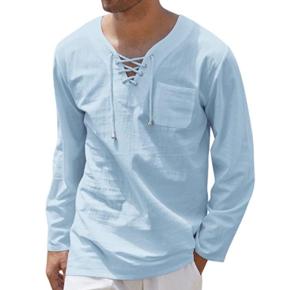Maiyifu-GJ Men's Fashion Beach Linen Shirts Hippie Cotton Basic Tee Shirts V Neck Long Sleeve Solid Color Yoga Shirt (Light Blue1,3X-Large)