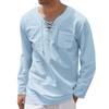 Maiyifu-GJ Men's Fashion Beach Linen Shirts Hippie Cotton Basic Tee Shirts V Neck Long Sleeve Solid Color Yoga Shirt (Light Blue1,3X-Large) view 1