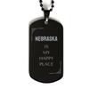 Proud Nebraska State Gifts, Nebraska is my happy place, Funny Birthday Nebraska State Black Dog Tag For Friends, Men, Women, Nebraska People view 1