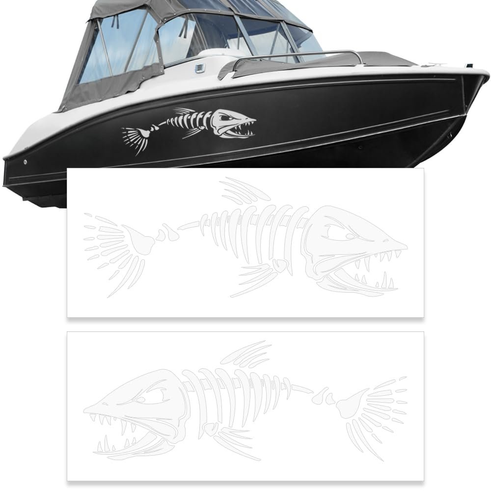 11" W x 38" L Large Size Boat Skeleton Fish Decals - Marine Shark Bone Decoration Fishing Stickers Graphics Accessories for Ship Canoe Kayak Car RV SUV, Left & Right, 2 Pcs (White)