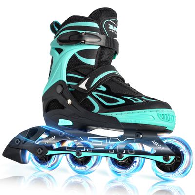 2PM SPORTS Vinal Girls Adjustable Flashing Inline Skates, All Wheels Light Up, Fun Illuminating Skates for Kids Women and Men - Mint Medium
