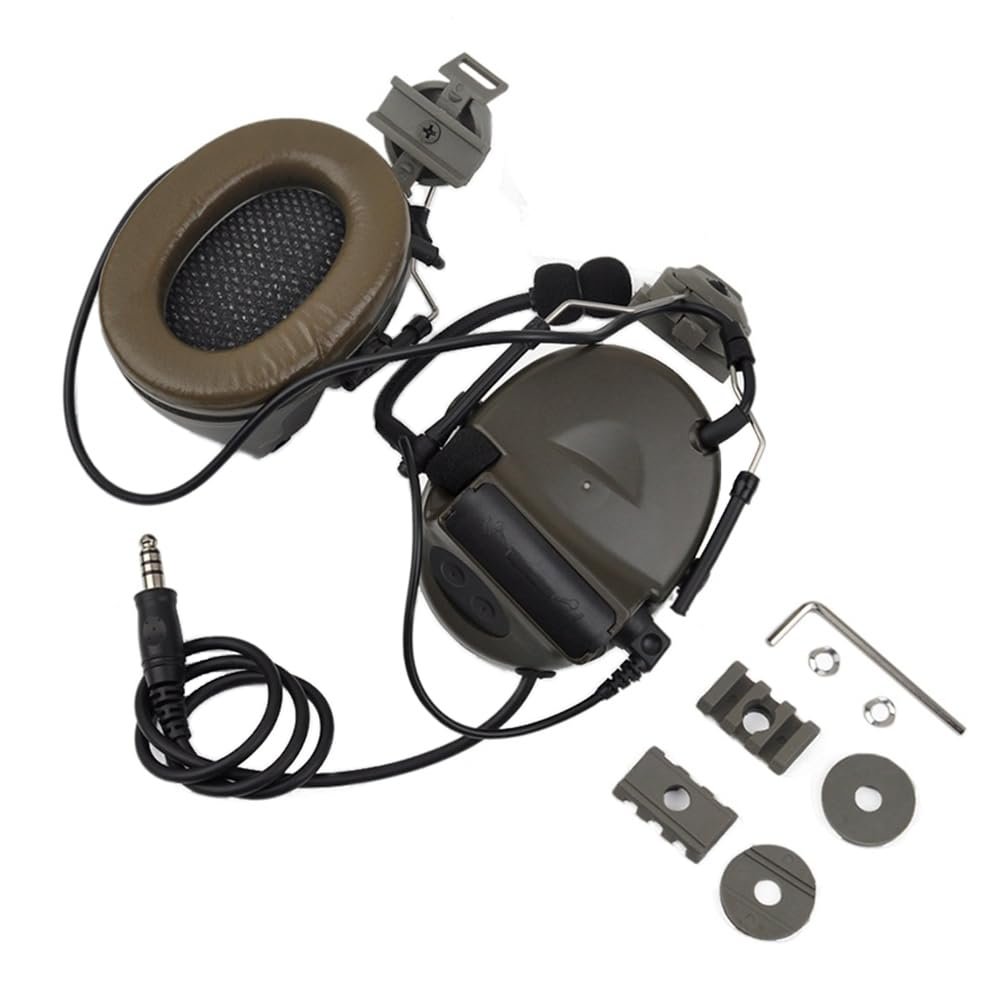 Aimsniper Tactical Headset (1C/2C)With Helmet Rail Adapter & MicrophoneNoise Reduction Electronic Sound Pickup Headphones Ear Muffs (OD)