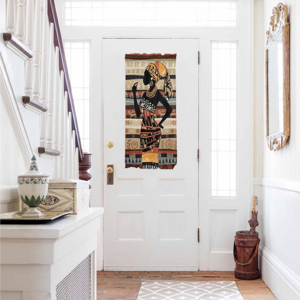Historical African Women French Sidelight Front Door Curtain For Door Window, Short Small Side Door Drape Rod Pocket Drapery,American Indian Southwest Traditional 1 Panel with Tieback,25"x40"