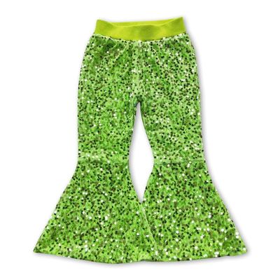 Yawoo Haan Kis Clothing Fluorescent Green Sequin Lining Baby Girls Bell Bottom Pants Party wear