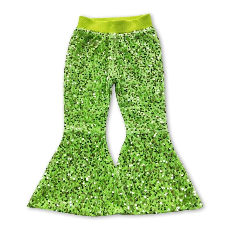 Yawoo Haan Kis Clothing Fluorescent Green Sequin Lining Baby Girls Bell Bottom Pants Party wear