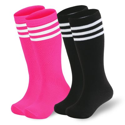 American Trends Kids Toddler Soccer Socks Softball Baseball Football Girls Boys Long Tube Knee High Socks 2 Pack Black Rose Pink White 6-8 Years