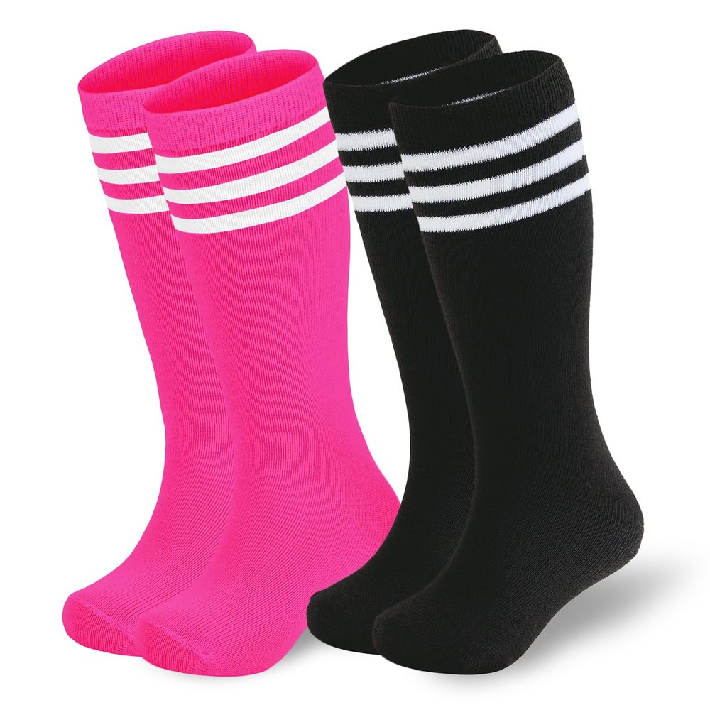 American Trends Kids Toddler Soccer Socks Softball Baseball Football Girls Boys Long Tube Knee High Socks 2 Pack Black Rose Pink White 6-8 Years