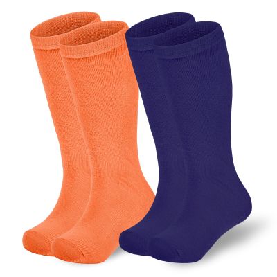 American Trends Kids Soccer Socks Toddler Knee High Tube Socks for Boys Girls School Uniform Striped Long Sports Athletic 2 Pack Purple Orange 6-8 Years