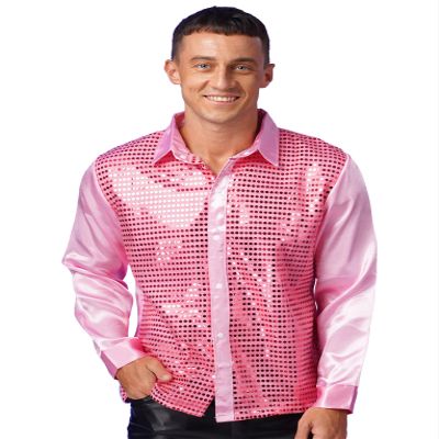 Zaldita Men's Shiny Sequins 70s Disco Shirts Club Dancewear Sparkly Tops Halloween Christmas Outfits Pink Medium