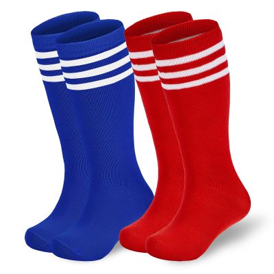 American Trends Kids Toddler Soccer Socks Softball Baseball Football Girls Boys Long Tube Knee High Socks 2 Pack Blue Red White 6-8 Years