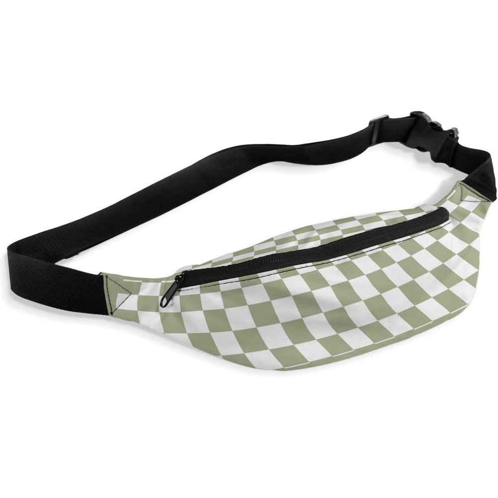 Fanny Pack,Checkerboard Sage Green Checkered Spring Waist Packs with Adjustable Belt,Casual Bag Bum Bags for Travel Sports Running 14"x5"