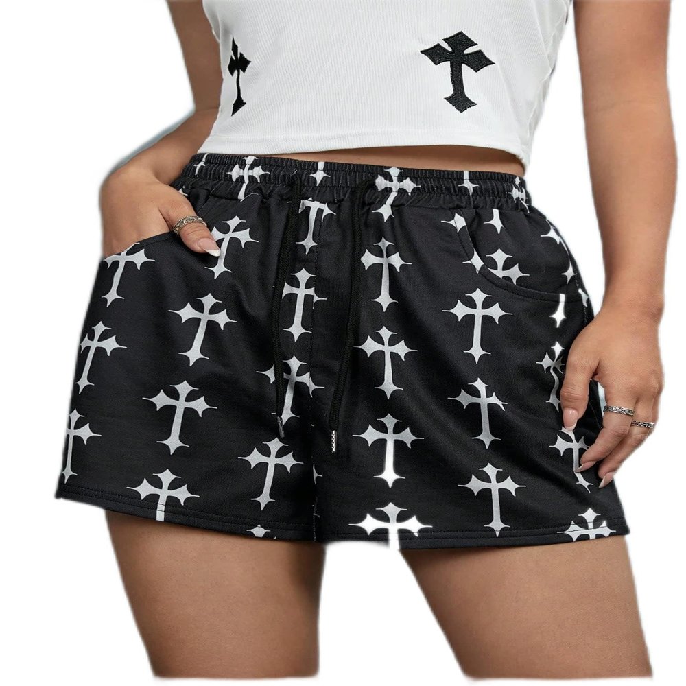 Allover Cross Print Slant Pocket Drawstring Shorts (Color : Black, Size : X-Small)