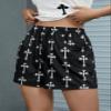 Allover Cross Print Slant Pocket Drawstring Shorts (Color : Black, Size : X-Small) view 3