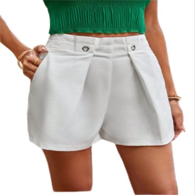 BAWUTZ Solid Slant Pocket Fold Pleated Detail Shorts (Color : White, Size : Large)
