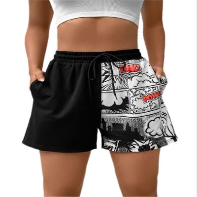Letter Graphic Drawstring Waist Shorts (Color : Black and White, Size : Large)