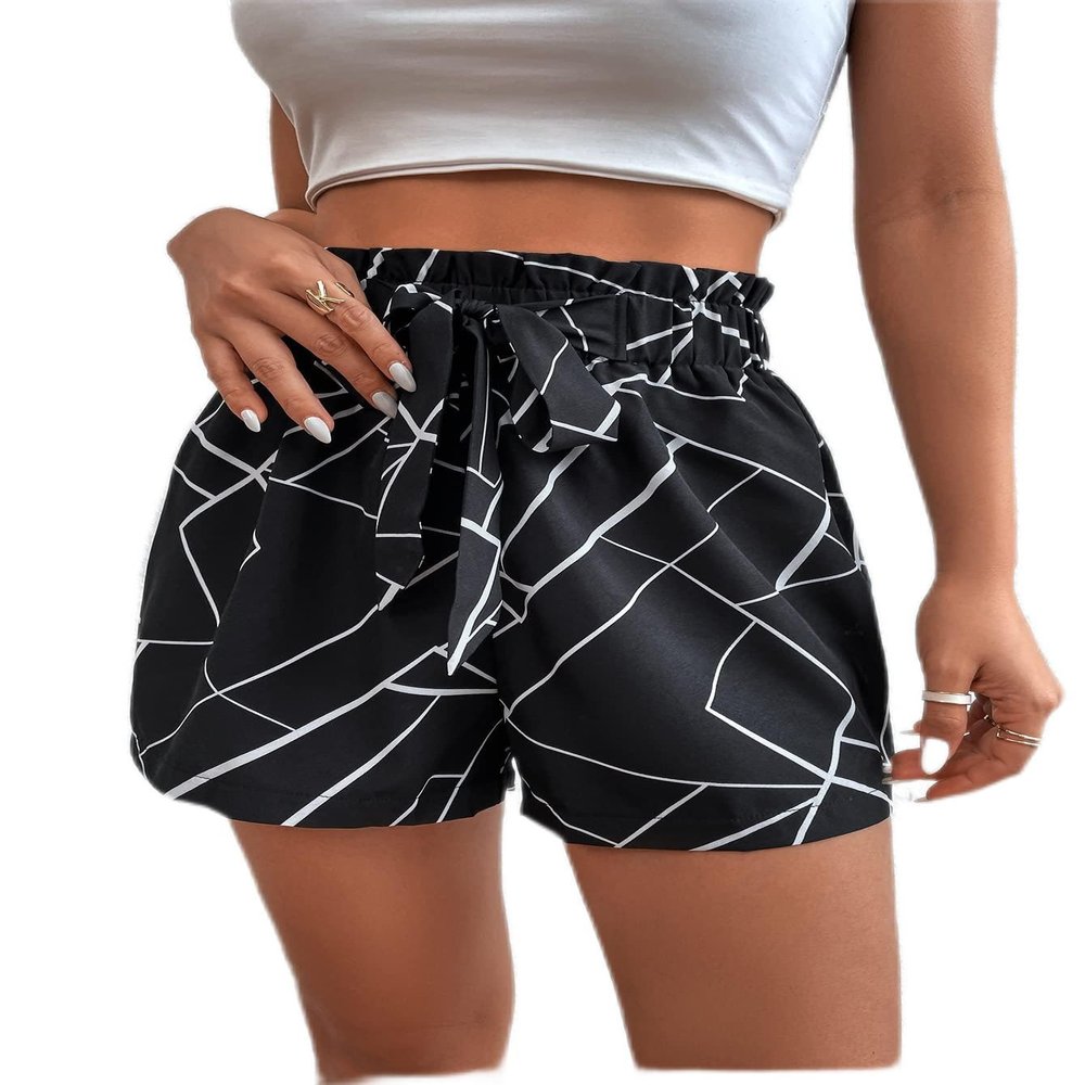 Geo Print Tie Front Paper Bag Waist Shorts (Color : Black, Size : X-Small)