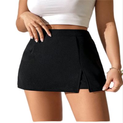 Solid Split Hem Skort (Color : Black, Size : Small)