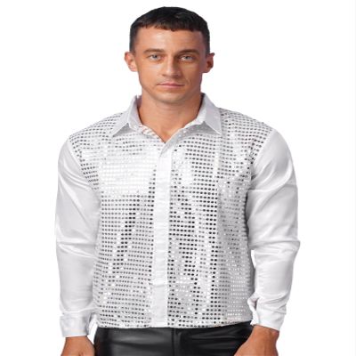 Hularka Men's 70s Disco Shirts Sparkly Sequin Turn-Down Collar Long Sleeve Dance Shirt Clubwear White Medium