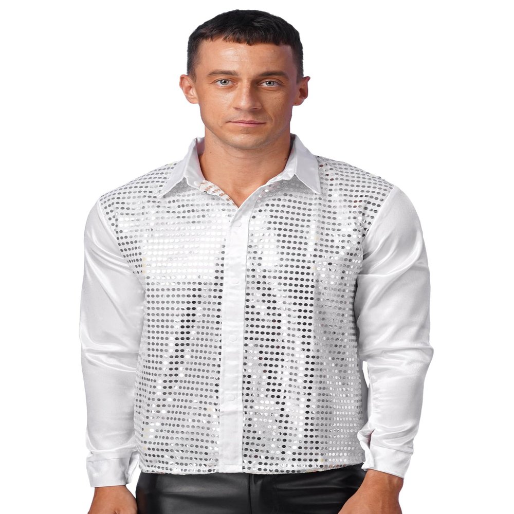 Hularka Men's 70s Disco Shirts Sparkly Sequin Turn-Down Collar Long Sleeve Dance Shirt Clubwear White Medium