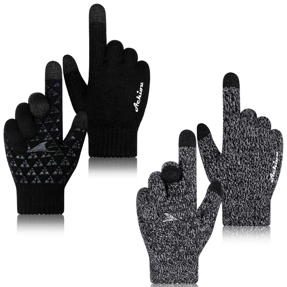 Achiou Winter Gloves for Men Women, 2 Pairs Touch Screen Texting Warm Running Gloves Thermal Soft Knit Lining, Elastic Cuff