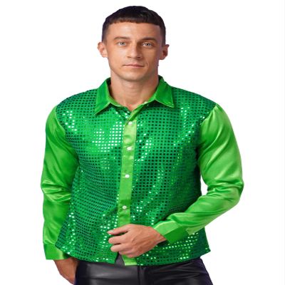 FEESHOW Men's Shiny Sequin Shirt Disco Party Long Sleeve Collar Button Down T-Shirt Clubwear Green Medium