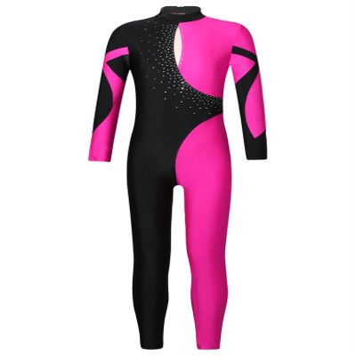Shinsto Kids Girls Long Sleeve Rhinestone Gymnastics Leotard Ballet Dance Unitard Figure Skating Jumpsuit Hot Pink 10 Years