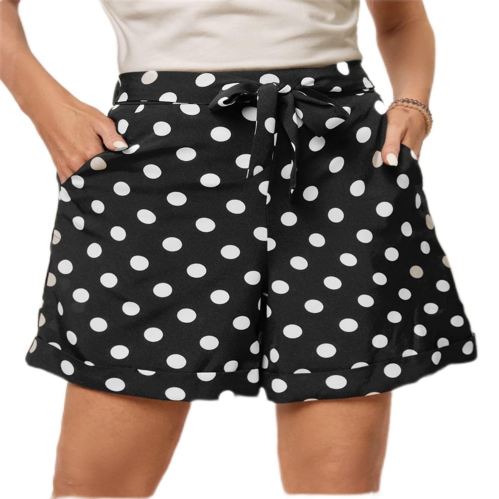 Polka Dot Print Belted Shorts (Color : Black and White, Size : X-Large)