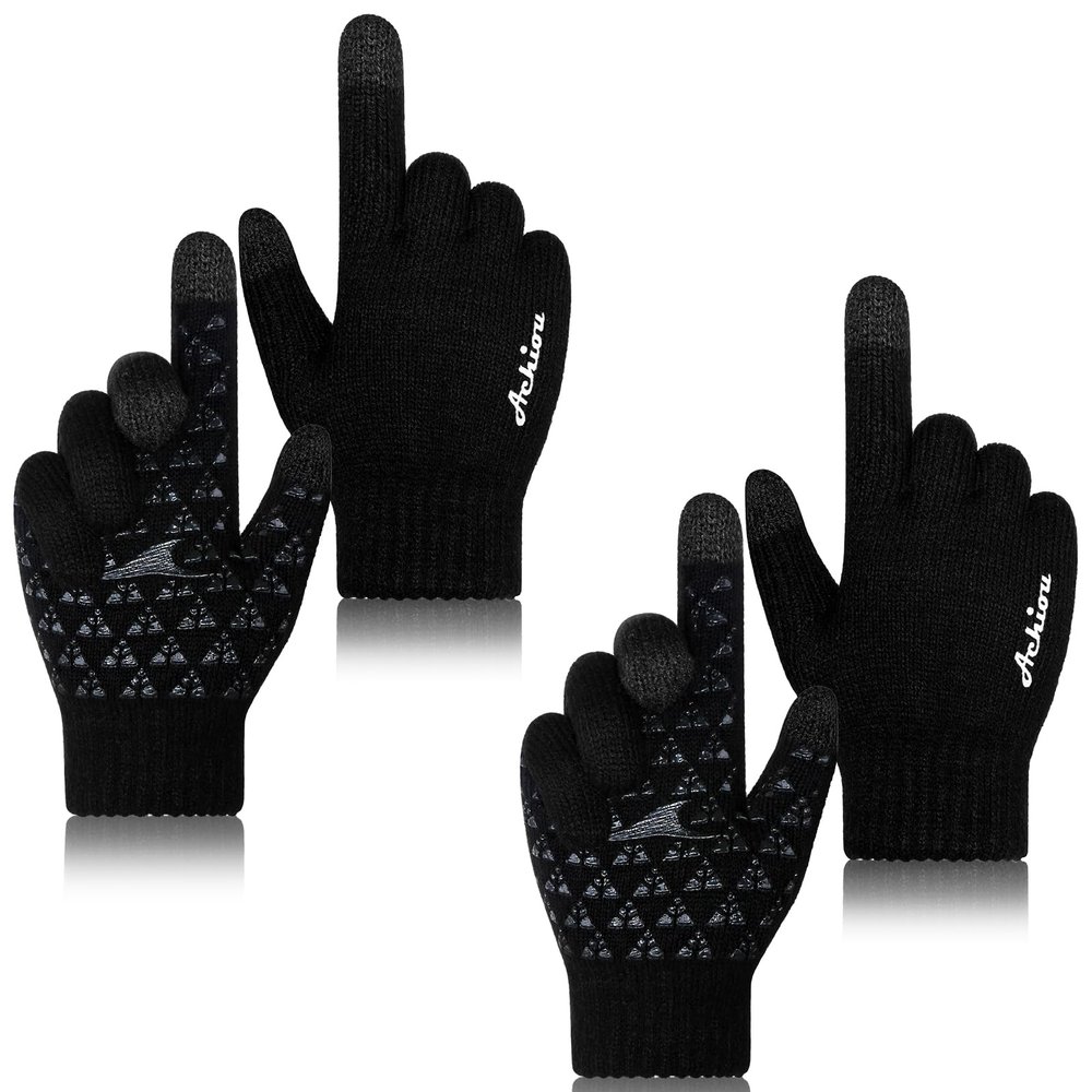 Achiou Winter Gloves for Men Women, 2 Pairs Touch Screen Texting Warm Running Gloves Thermal Soft Knit Lining, Elastic Cuff