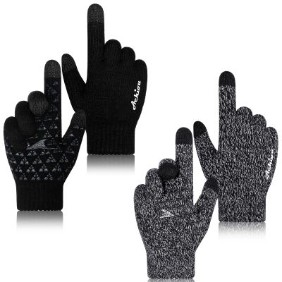 Achiou Winter Gloves for Men Women, 2 Pairs Touch Screen Texting Warm Running Gloves Thermal Soft Knit Lining, Elastic Cuff