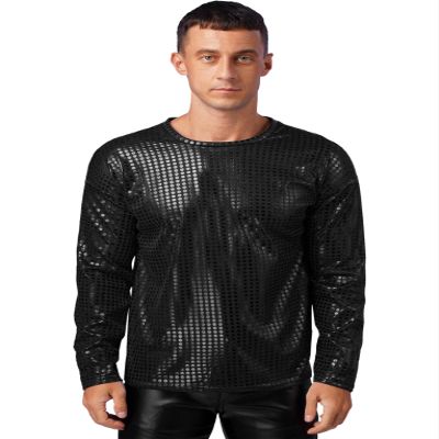 Zaldita Men's Shiny Sequins Jazz Hip Hop Club Dancewear Sparkly Shirts Tops Halloween Christmas Outfits Black Small