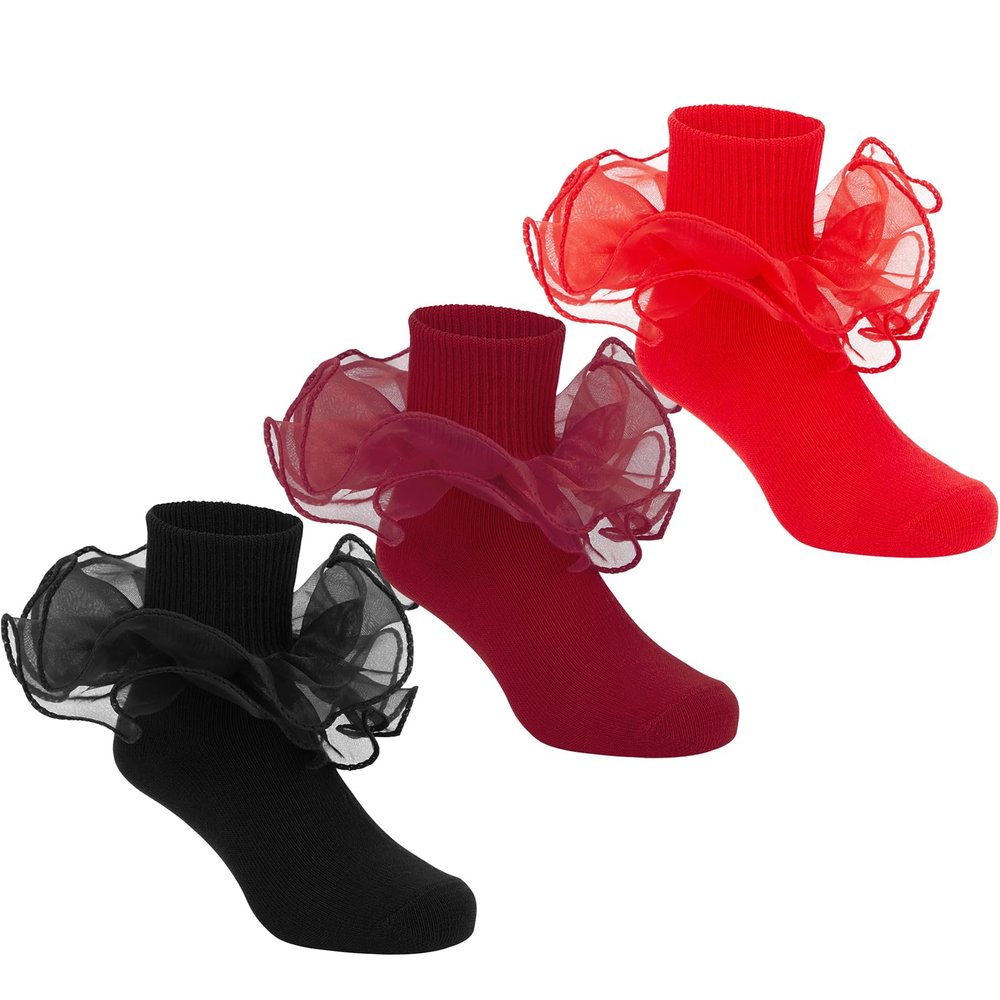 Durio Girls Ruffle Socks Toddler Girl Socks With Big Double Lace Ruffle Colorful Frilly Dress Socks for Toddler Girls Kids Red&Wine Red&Black 8-10 Years 3 Pairs