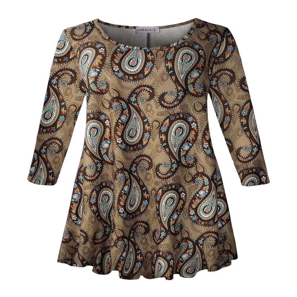 LARACE Plus Size Tops 3/4 Sleeve Shirts for Womens Tunic Floral Loose Blouse Swing Basic Casual Clothes(M A-Khaki29)