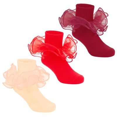 Durio Girls Ruffle Socks Toddler Girl Socks With Big Double Lace Ruffle Colorful Frilly Dress Socks for Toddler Girls Kids Orange&Red&Wine Red 8-10 Years 3 Pairs