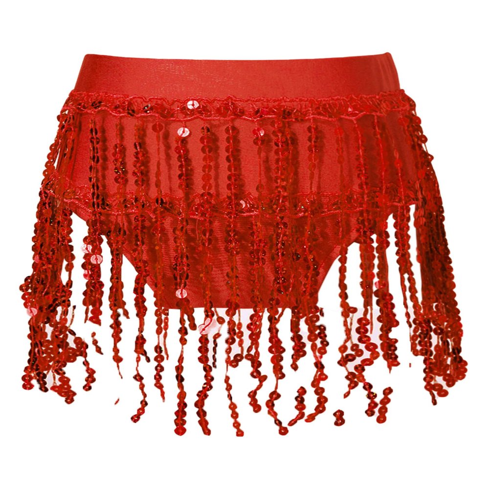 JEATHA Girls Sequin Latin Jazz Dance Costume Sleeveless Halter Neck Crop Top with Tassels Fringed Skirt Bottom Red Bottom 16 Years