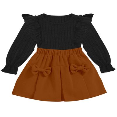 EuquixZeph Toddler Girl Clothes 1T 2T Stylish Baby 12-18 month girls clothes Ruffle Black Long Sleeve Knit Sweater Shirt Brown Mini Plain Skirt Set Fall Winter Outfits 18-24month girls