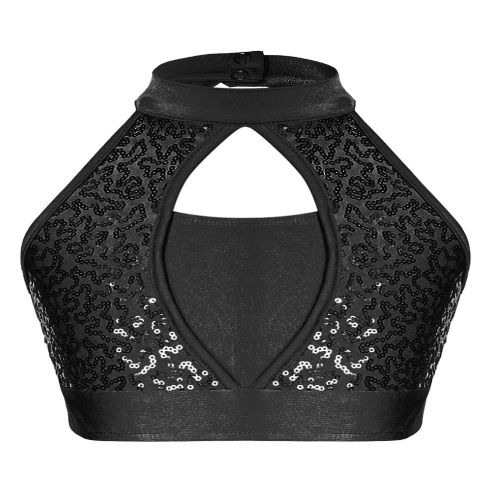 JEATHA Girls Sequin Latin Jazz Dance Costume Sleeveless Halter Neck Crop Top with Tassels Fringed Skirt Bottom Black Top 12 Years
