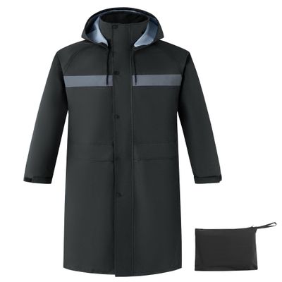 Ubon Mens Long Rain Coat Waterproof with Hood, Lightweight Rain Jacket Spring Windbreaker for Travel and Hiking, Hi-vis Black XX-Large