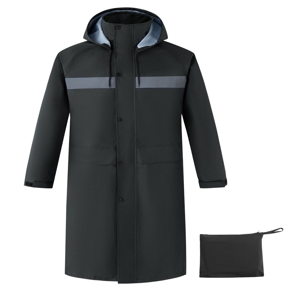 Ubon Mens Long Rain Coat Waterproof with Hood, Lightweight Rain Jacket Spring Windbreaker for Travel and Hiking, Hi-vis Black XX-Large