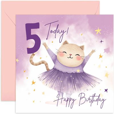 Old English Co. Fifth Birthday Card for Girls - Happy 5th Birthday - Age 5 - Five Years Old - Cute Ballerina Cat Animal Themed Birthday Card for Daughter, Niece, Granddaughter, Goddaughter
