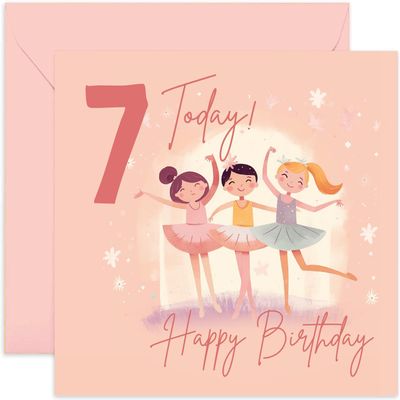 Old English Co. Seventh Birthday Card for Girls - Happy 7th Birthday - Age 7 - Seven Years Old - Cute Ballerina Princess Themed Birthday Card for Daughter, Niece, Granddaughter, Goddaughter