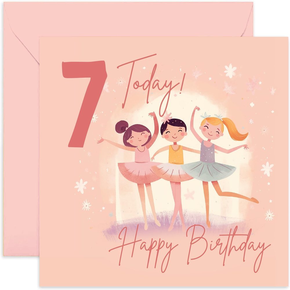 Old English Co. Seventh Birthday Card for Girls - Happy 7th Birthday - Age 7 - Seven Years Old - Cute Ballerina Princess Themed Birthday Card for Daughter, Niece, Granddaughter, Goddaughter
