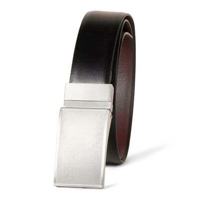 Amazon Essentials Men's Leather Reversible Plaque Dress Belt, Black/Chestnut Brown, 38