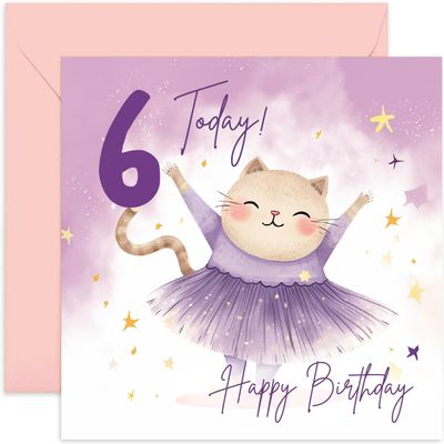 Old English Co. Sixth Birthday Card for Girls - Happy 6th Birthday - Age 6 - Six Years Old - Cute Ballerina Cat Animal Themed Birthday Card for Daughter, Niece, Granddaughter, Goddaughter