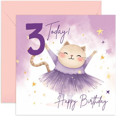 Old English Co. Third Birthday Card for Girls - Happy 3rd Birthday - Age 3 - Three Years Old - Cute Ballerina Cat Animal Themed Birthday Card for Daughter, Niece, Granddaughter, Goddaughter