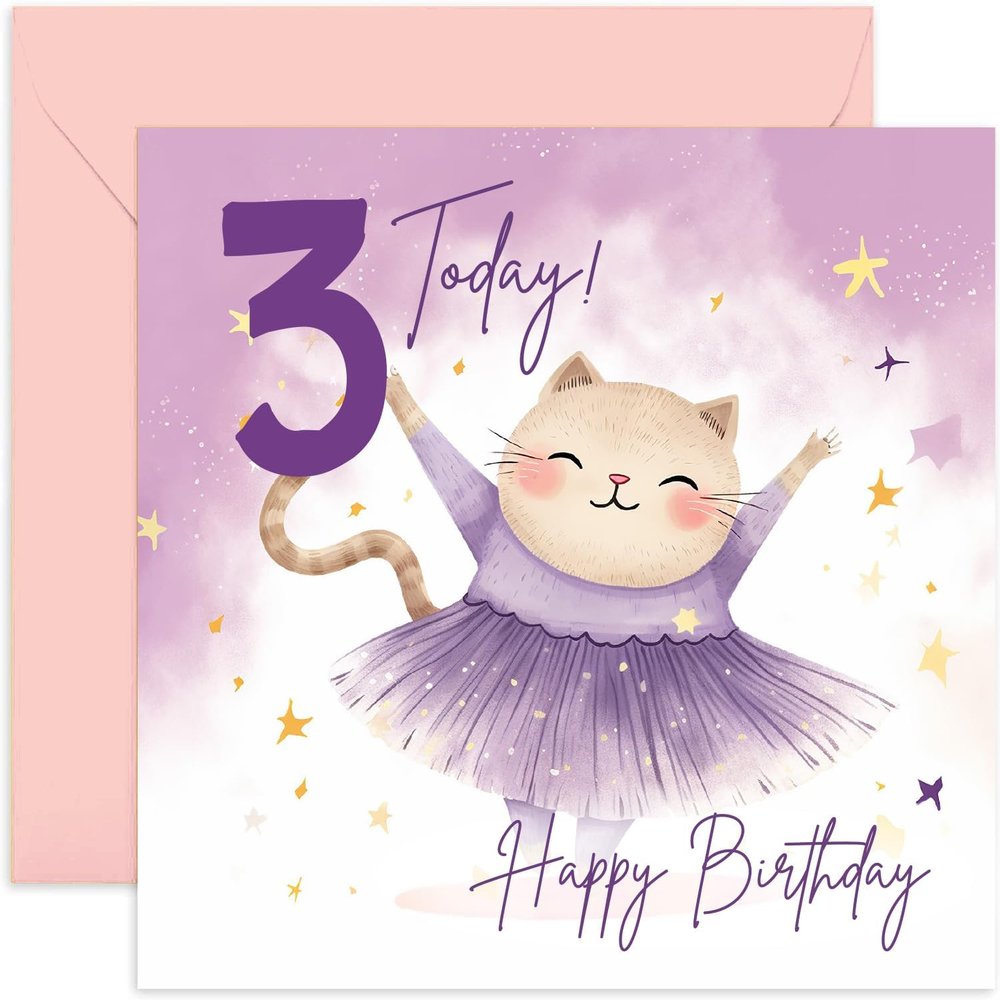 Old English Co. Third Birthday Card for Girls - Happy 3rd Birthday - Age 3 - Three Years Old - Cute Ballerina Cat Animal Themed Birthday Card for Daughter, Niece, Granddaughter, Goddaughter