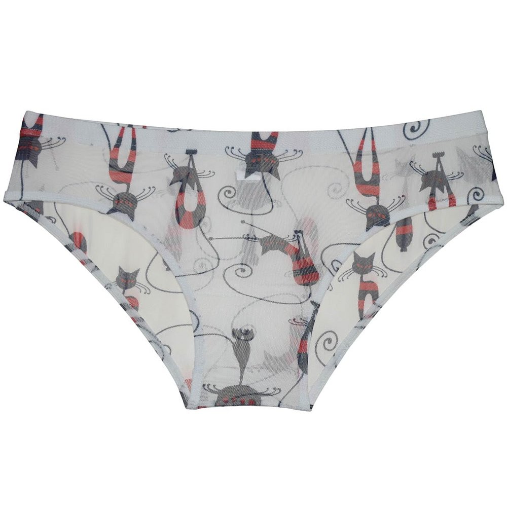 Botmois Men's Printed Mesh Briefs Underwear See Through Triangle Underwear Breathable Underpants Flat Pouch Sheer Lingeries White Cat XL