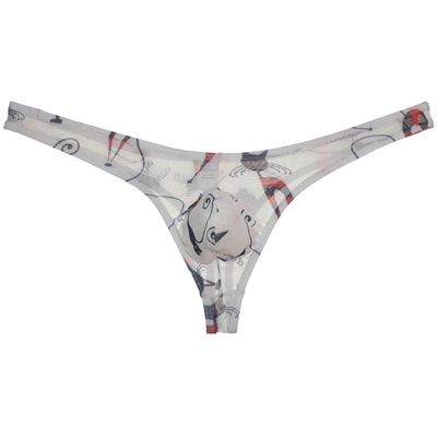 Botmois Men's Sheer Printed Mesh Bikini Thong Underwear Breathable T-back See-through Underpants Pouch Tangas Male Lingeries White Cat XL