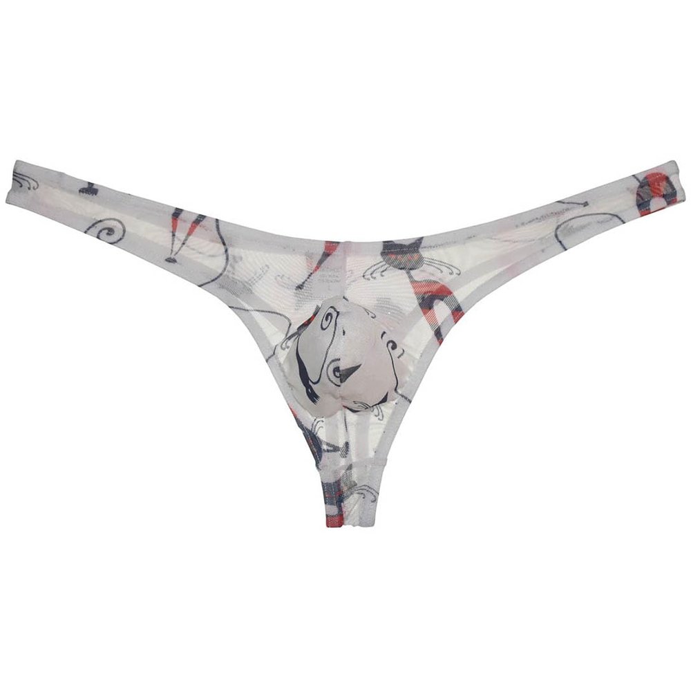 Botmois Men's Sheer Printed Mesh Bikini Thong Underwear Breathable T-back See-through Underpants Pouch Tangas Male Lingeries White Cat XL