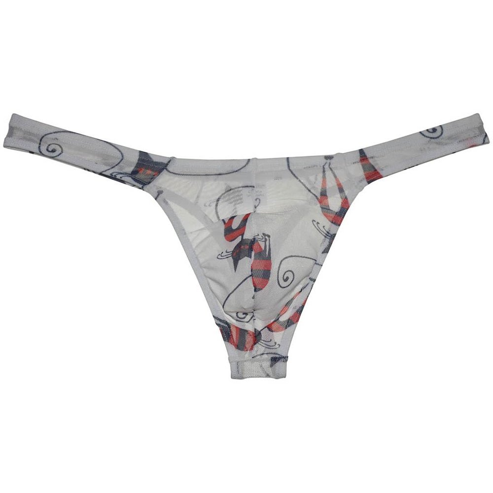 Botmois Men Printed Mesh Classical Thong Underwear Breathable T-back C-Thru Underpants Bulge Pouch Tangas Male Sheer Lingerie White Cat M
