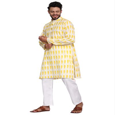 TOSQP27 Mens Cotton Kurta Pajamas Set Yellow Ethnic Grooms Outfit Festive Long Sleeve
